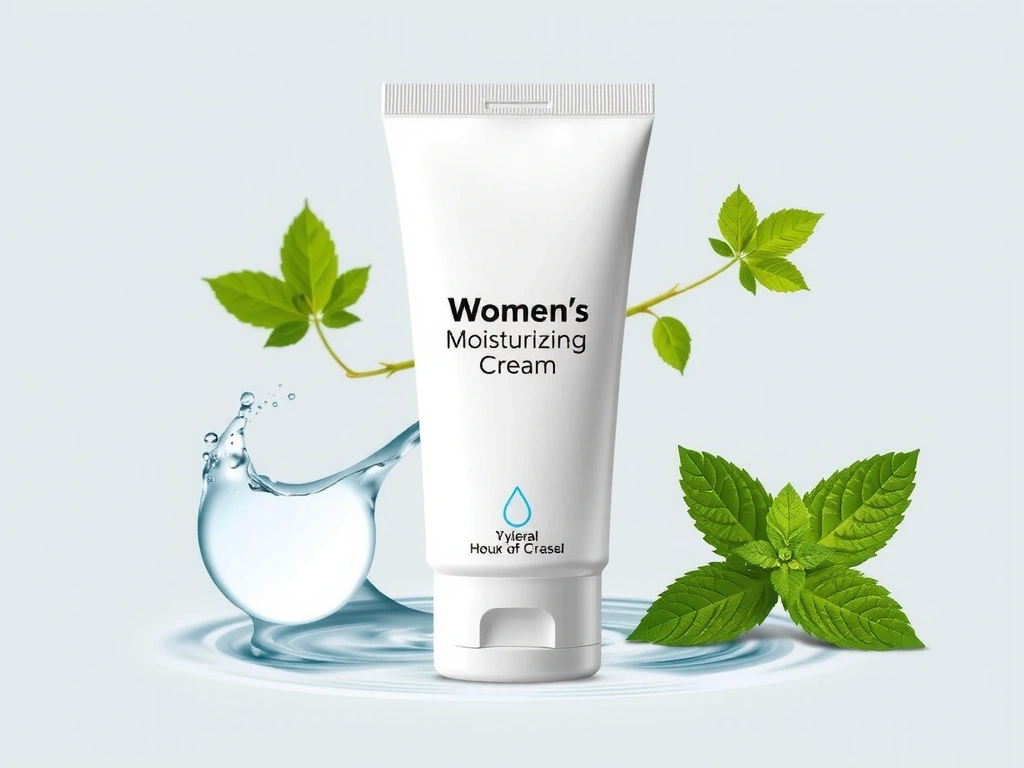 Tube of Women's Moisturizing Cream, with water droplets and fresh botanical elements.