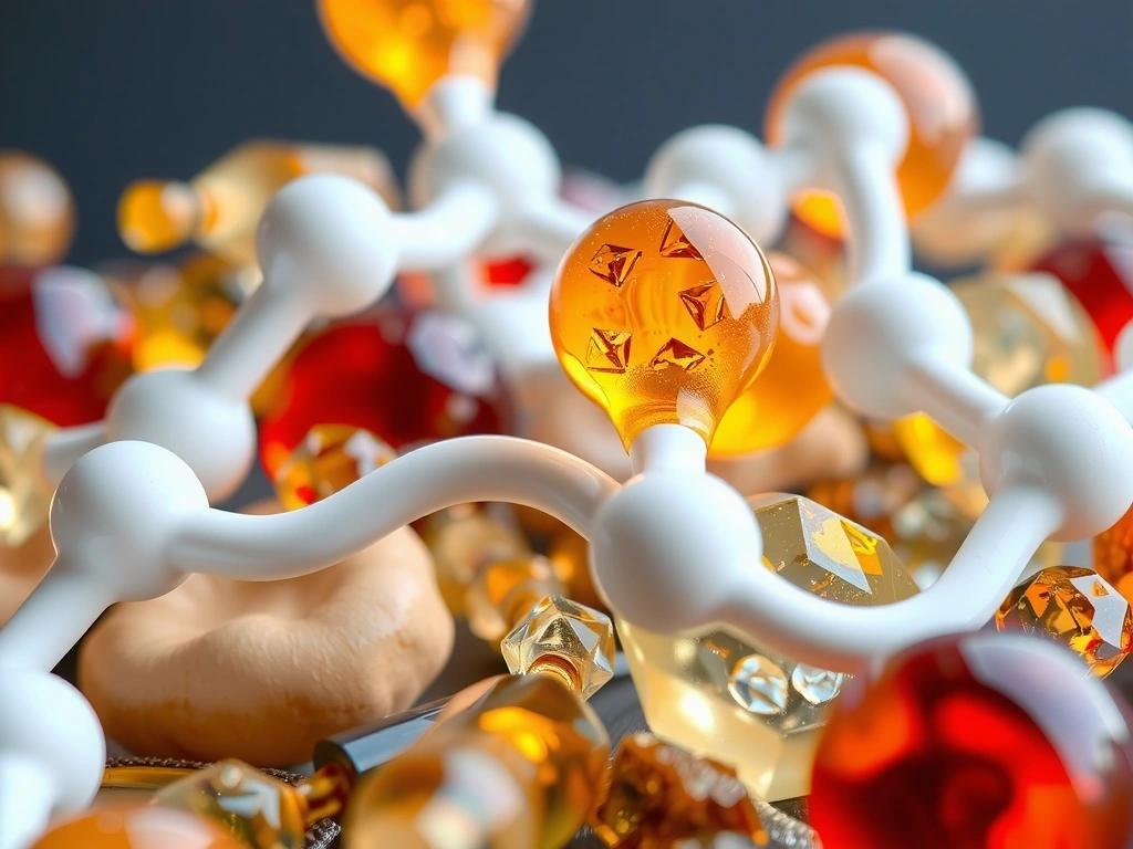 Close-up of a diverse range of anti-aging skincare ingredients, like peptides, hyaluronic acid molecules, and botanical extracts, in a stylized, scientific setting.